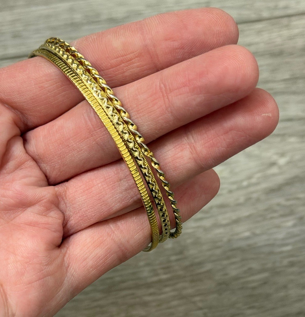 Set of 3 Gold Tone Stackable Bangle Bracelets, No Clasp, Metal, 2.75” Diameter