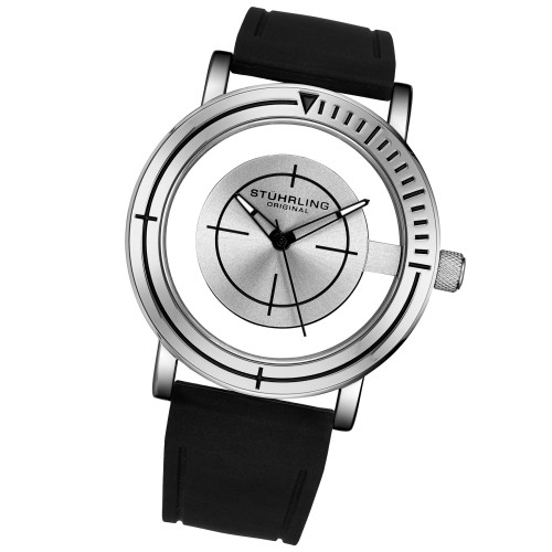 Stuhrling 3915 3 Aviator Quartz Semi Transparent Dial Black Rubber Mens Watch