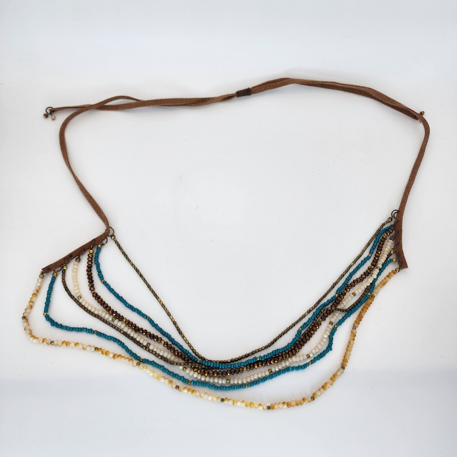 Boho Beaded Necklace Lot Braided Yellow, Blue & Brown Multi-Strand Earthy Tones