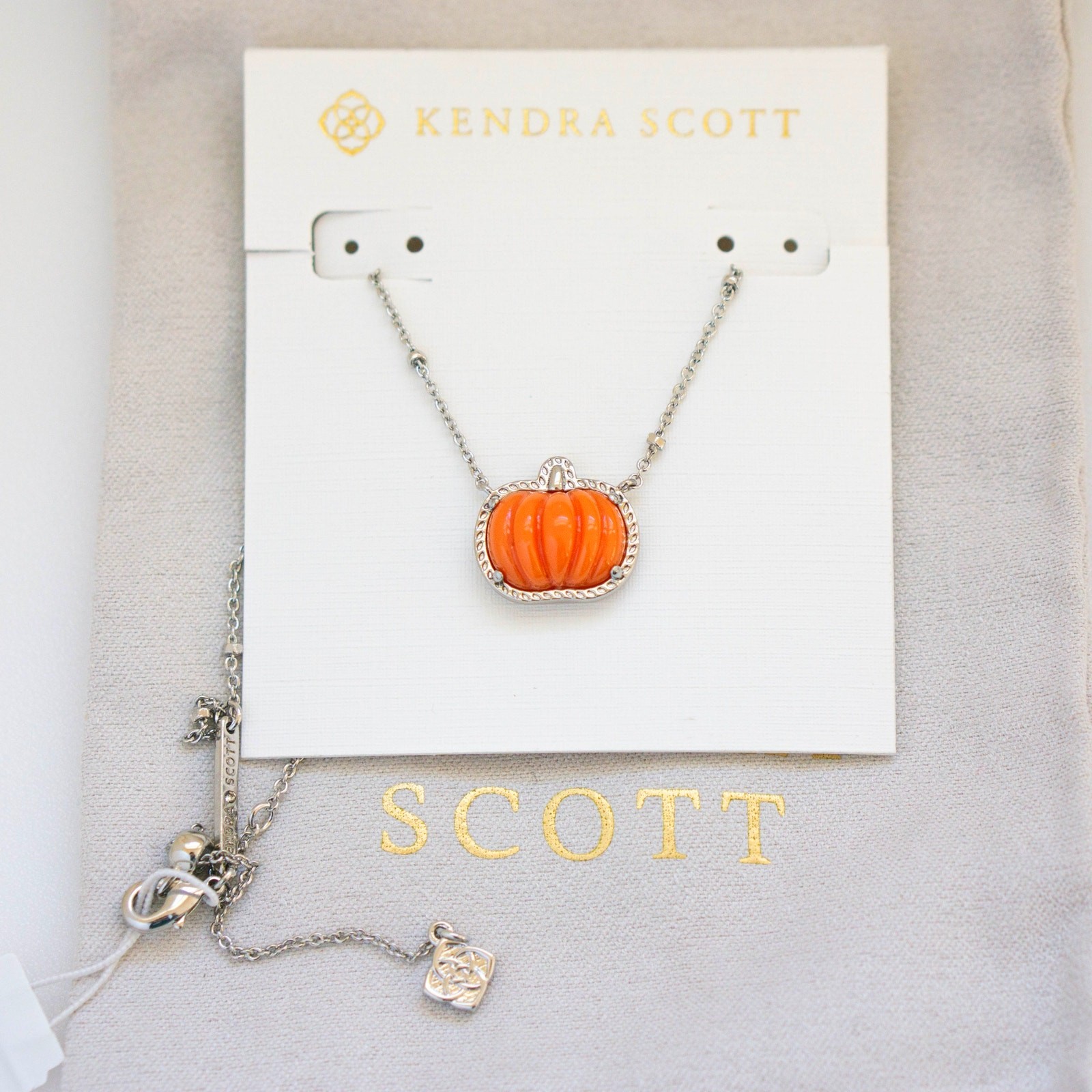 Kendra Scott Pumpkin Silver Short Pendant Necklace in Orange Mother of Pearl