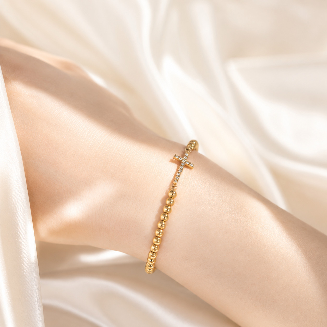 Cross Beaded Stretch Bracelet 18K Gold PVD Waterproof Faith Jewelry