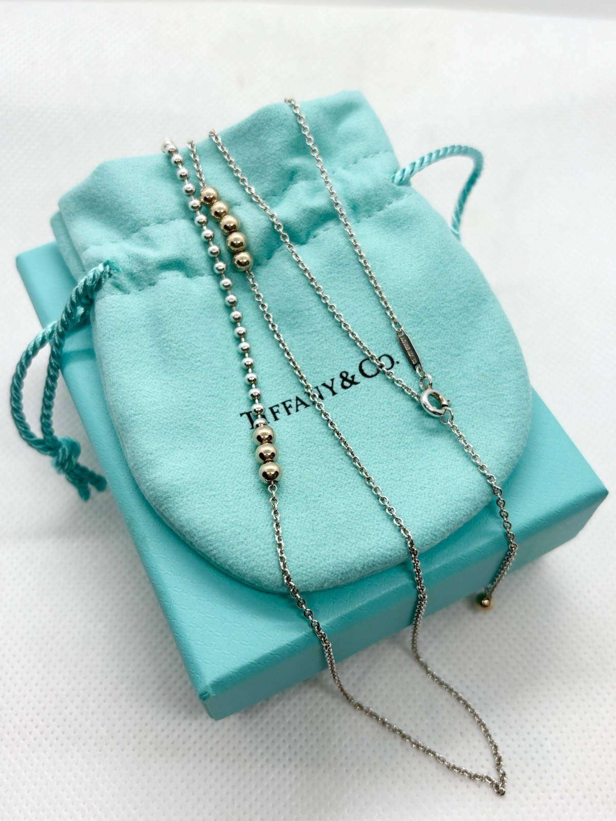 Tiffany & Co Sterling Silver & 18k Gold Mixed Beads Long Necklace 30” 7.69g