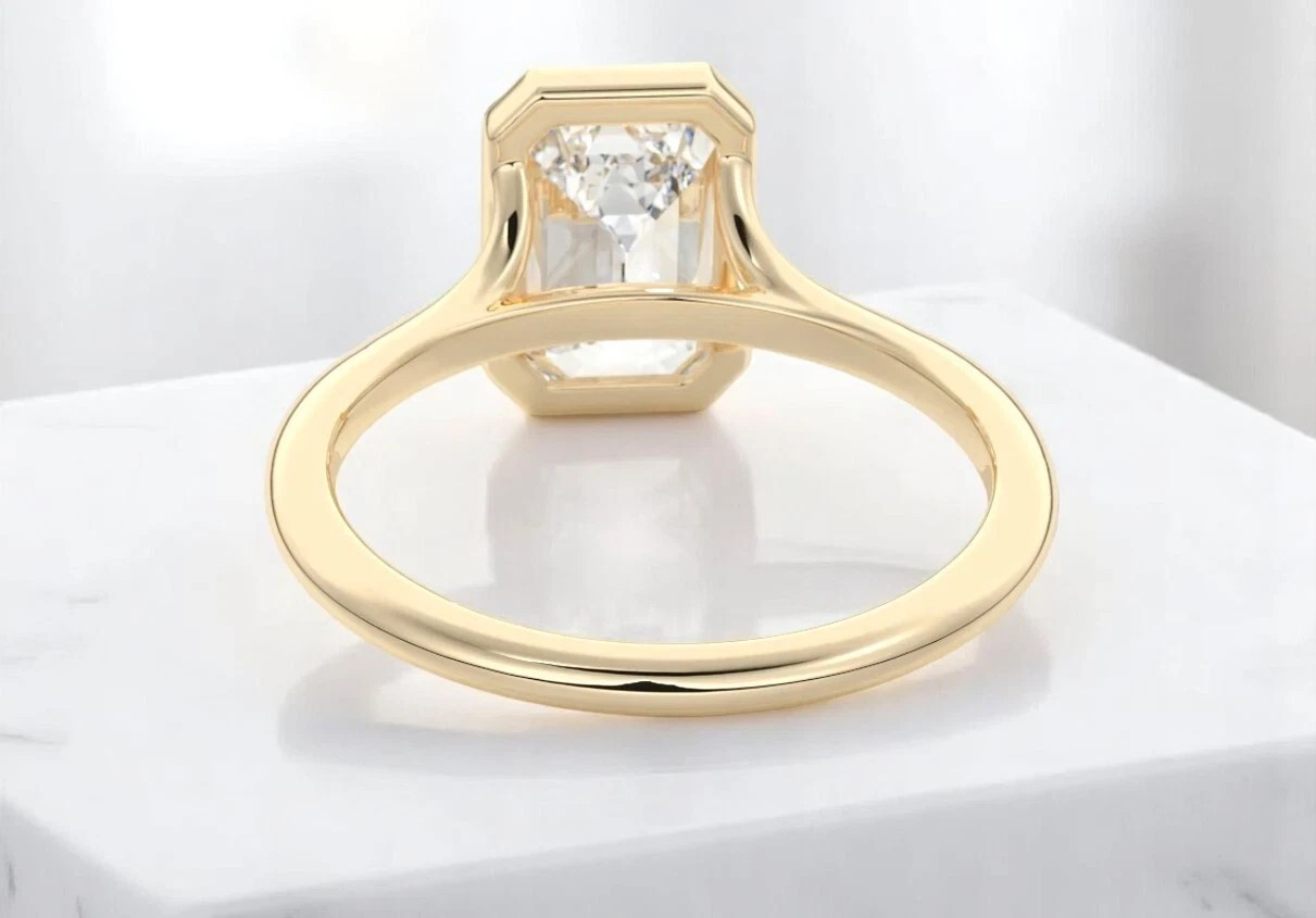 2.0CTW IGI Certified Emerald Cut Lab Grown Bezel Set Split Shank 14k Gold Ring