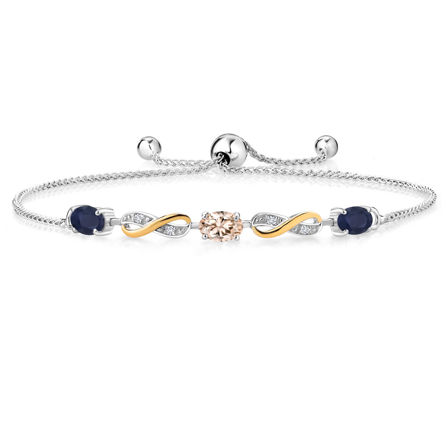 1.64 Ct Blue Sapphire Peach Morganite 925 Silver and 10K Yellow Gold Bracelet