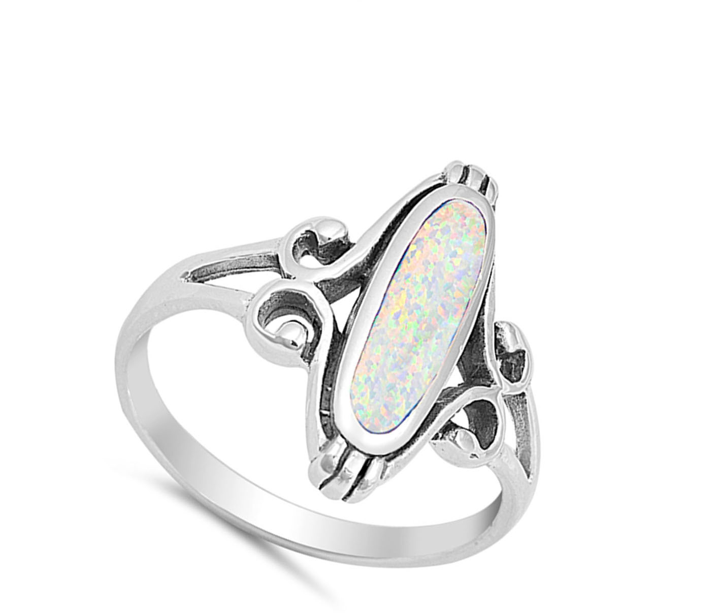 Long Wide White Lab Opal Oval Ring .925 Sterling Silver Celtic Band Sizes 5-10