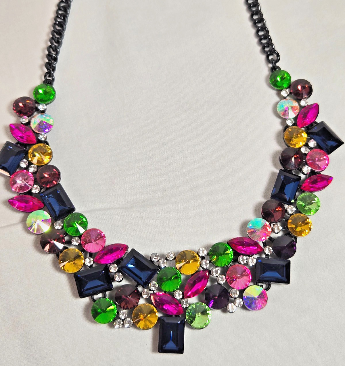 Multicolor Rhinestone Statement Bib Necklace Gunmetal Chain Bold Crystal Cluster
