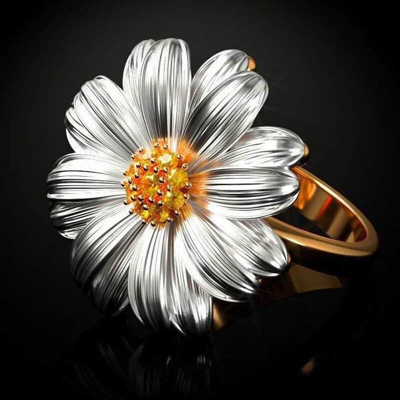 Love Gift Ring Silver Plated Daisy Sunflower Ring 1CT Simulated Diamond Ring
