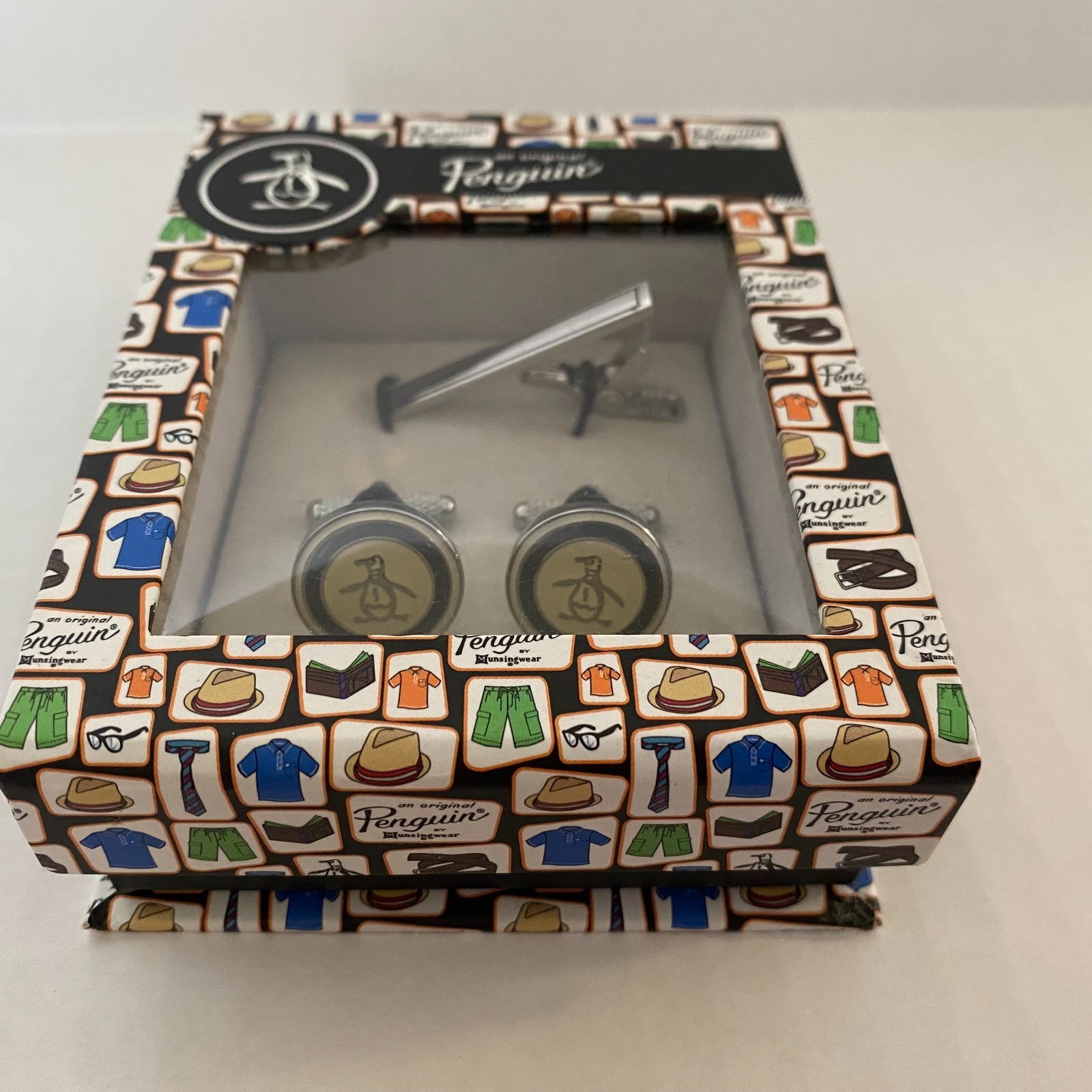 Original Penguin Cufflinks & Tie Bar Gift Set Silver Tone NIB Dress Formal Box