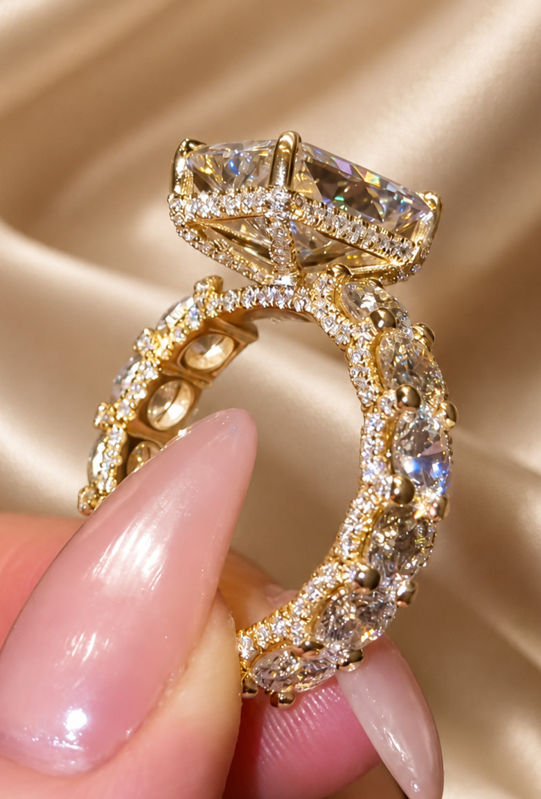 5 CT Radiant Hidden Halo Pave Moissanite Engagement Ring 14K Yellow Gold Plated