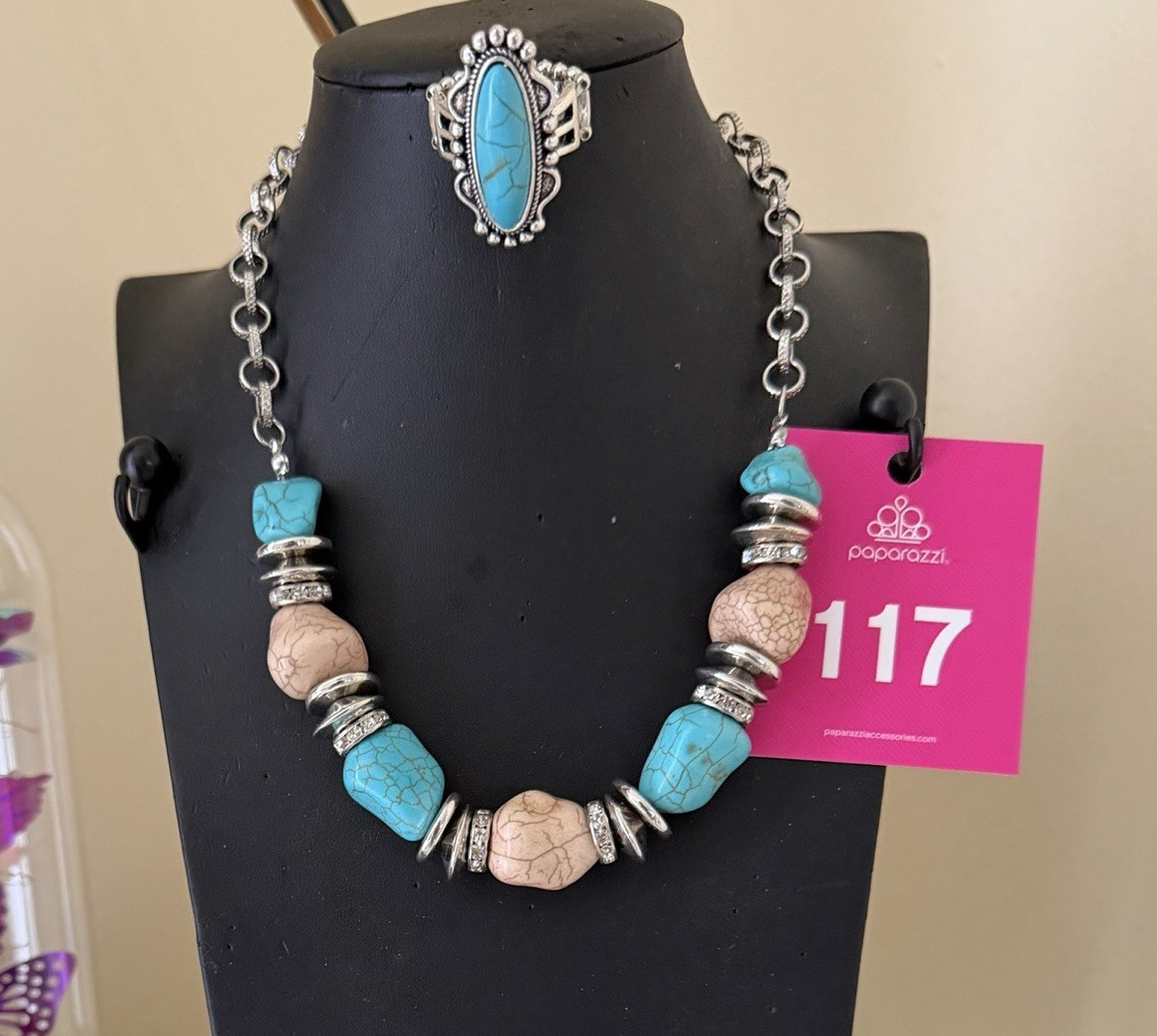 Paparazzi Turquoise Beaded Statement Chain Necklace Oval Link Silver Tone