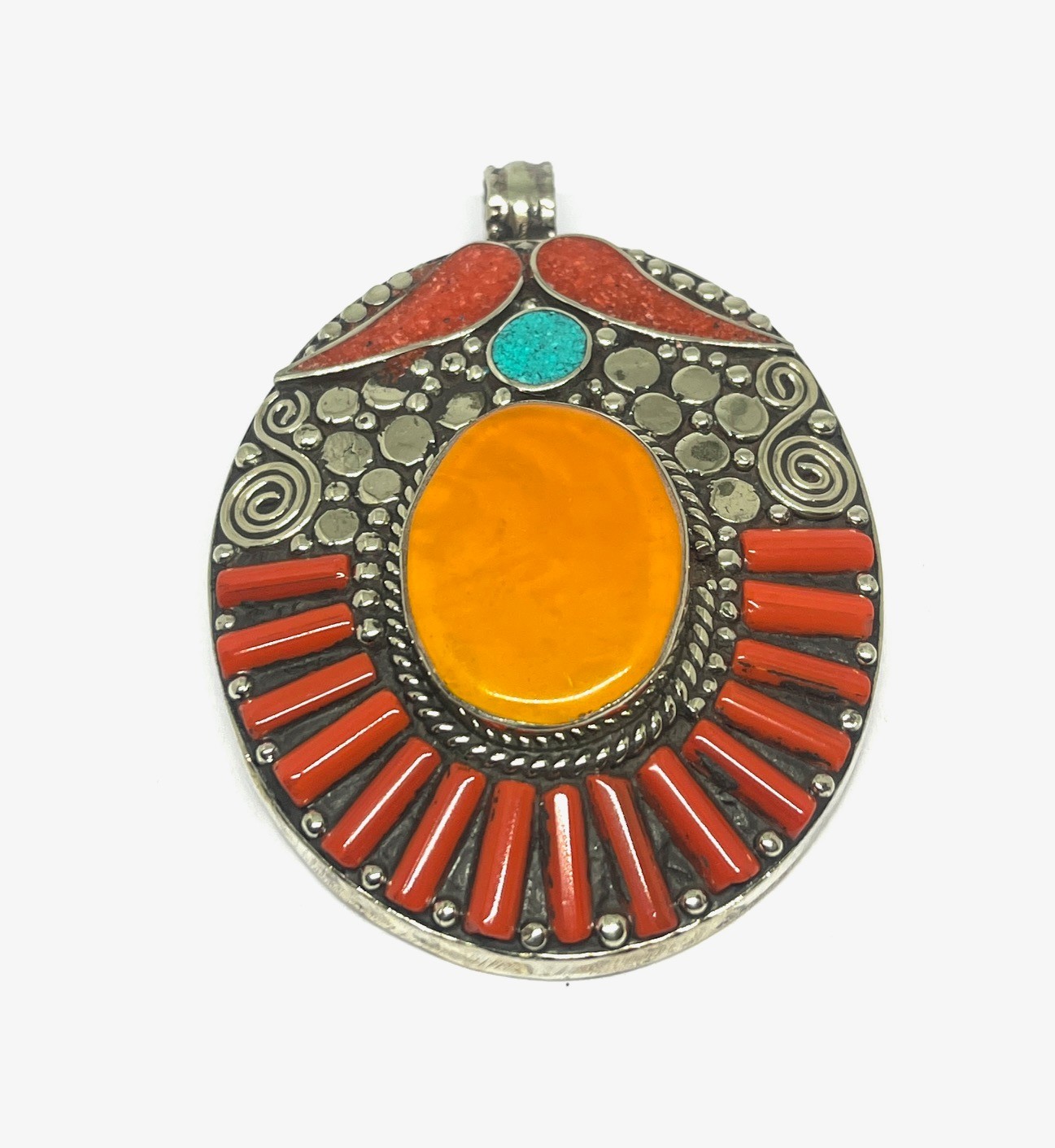 Art Deco Amber Coral Gemstone Tibetan Style Boho Pendant Jewelry, 2.8 inch