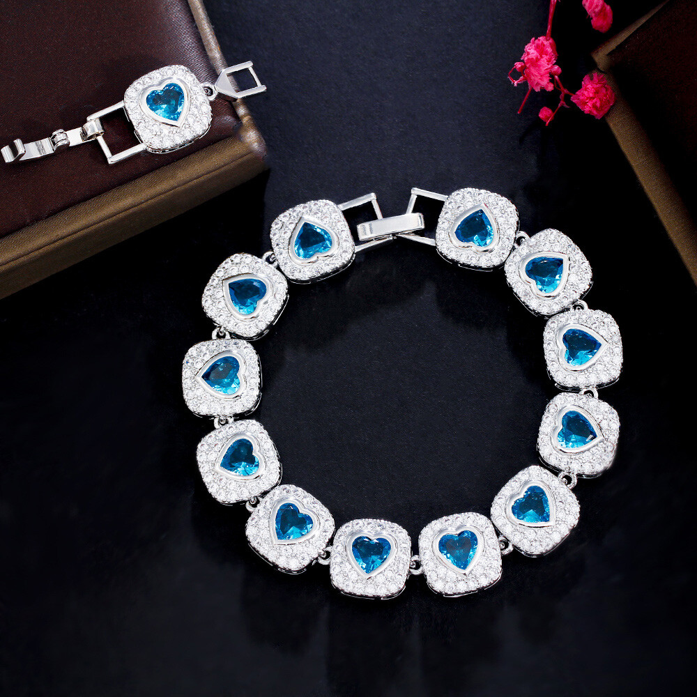 Women Lovely Silver Plated Pink Heart Cubic Zirconia Big Tennis Bracelet Wedding