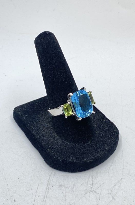 14K White Gold Blue Topaz and Peridot Three Stone Ring Size 6.5 5.6g
