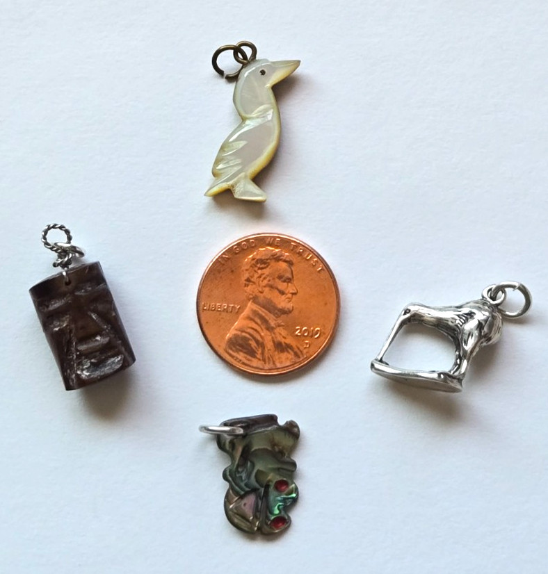 Lot of 4 VTG 70s New Zealand Travel Charms ~ Sterling, Pava Shell, Wood
