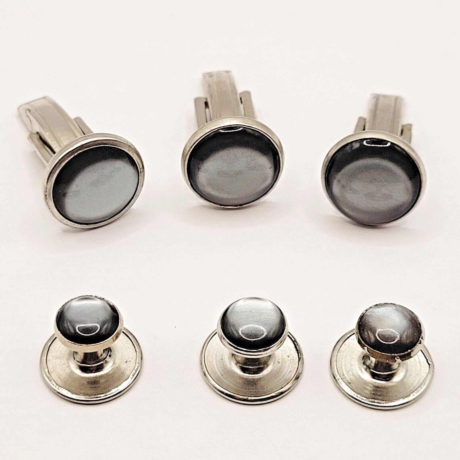 ROUND Charcoal GRAY Glass Cufflink and Button Set Mens Formal Dress Jewelry