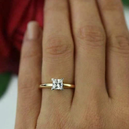 1Ct Solitaire Princess Cut Lab Created Diamond Promise Ring 14k Yellow Gold FN