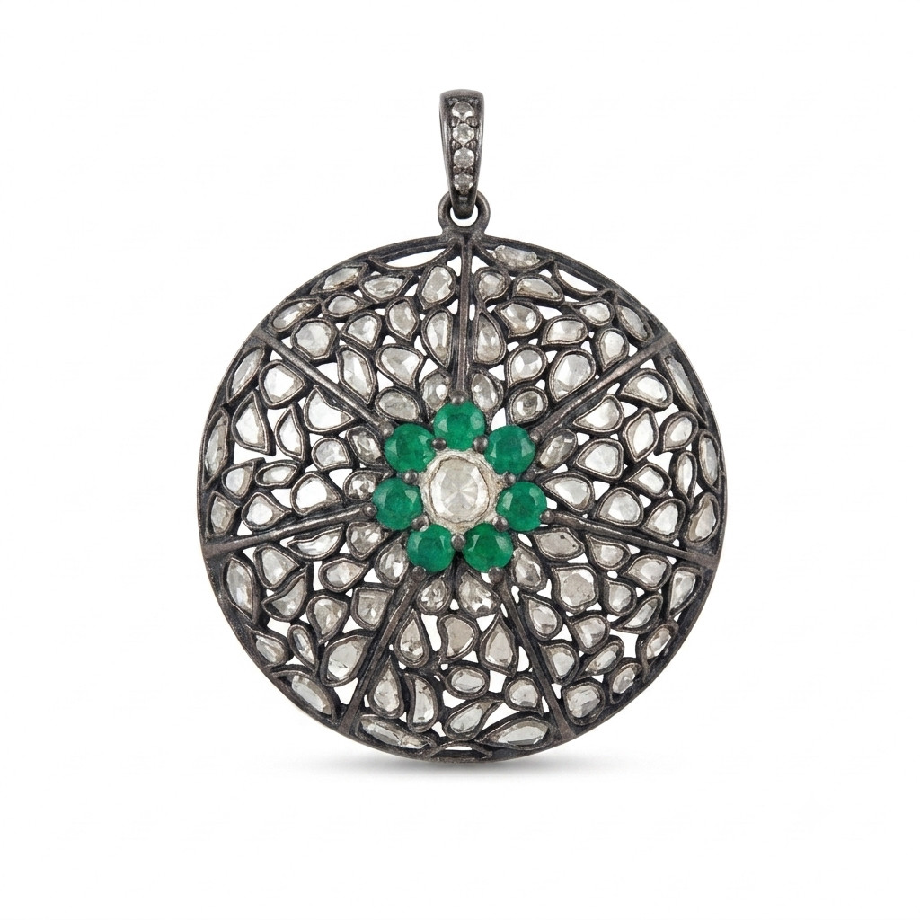 925 Sterling Silver Emerald Polki Pendant Black Rhodium Vintage Floral Pendant