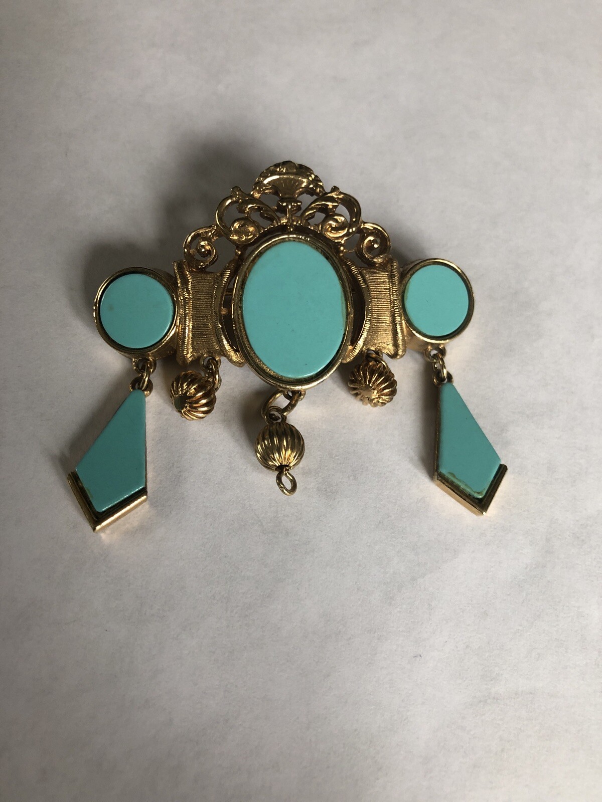 Vintage R. Mandle Oval Faux Turquoise Gold Tone Ornate Designer Brooch Pin