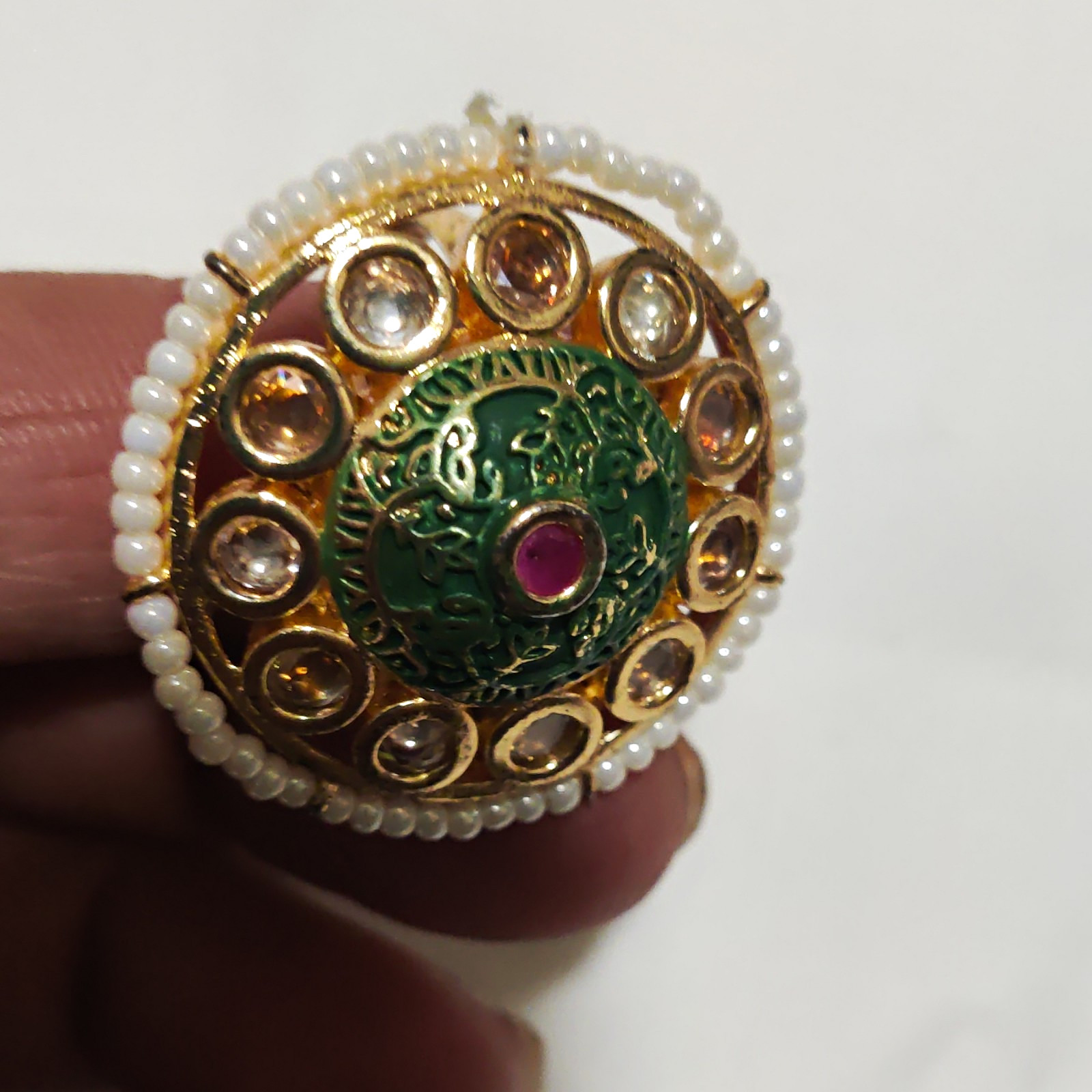 Gold Tone Round Cocktail Ring Red Stone Green Dome White Beads adjustable size