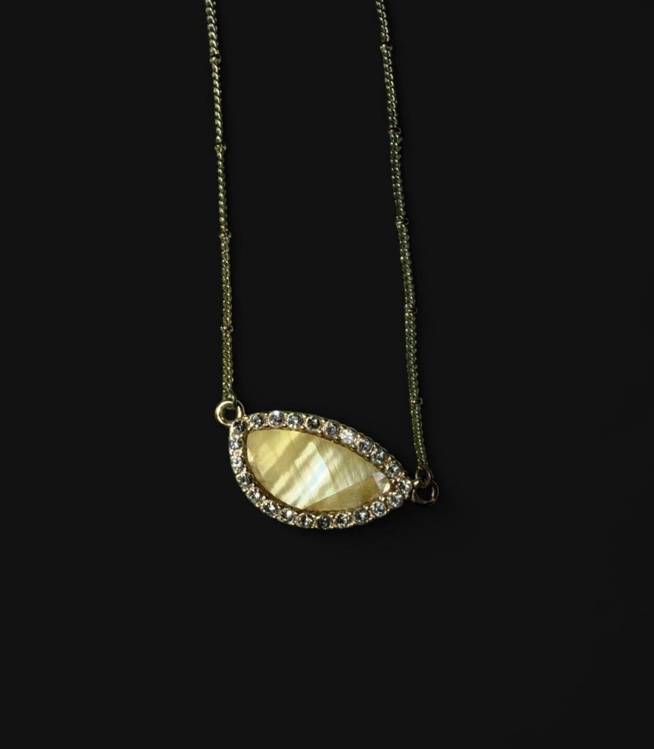 Gold Tone Marquise Pendant Necklace Beige Stone Rhinestone Pavé Halo, Lobster