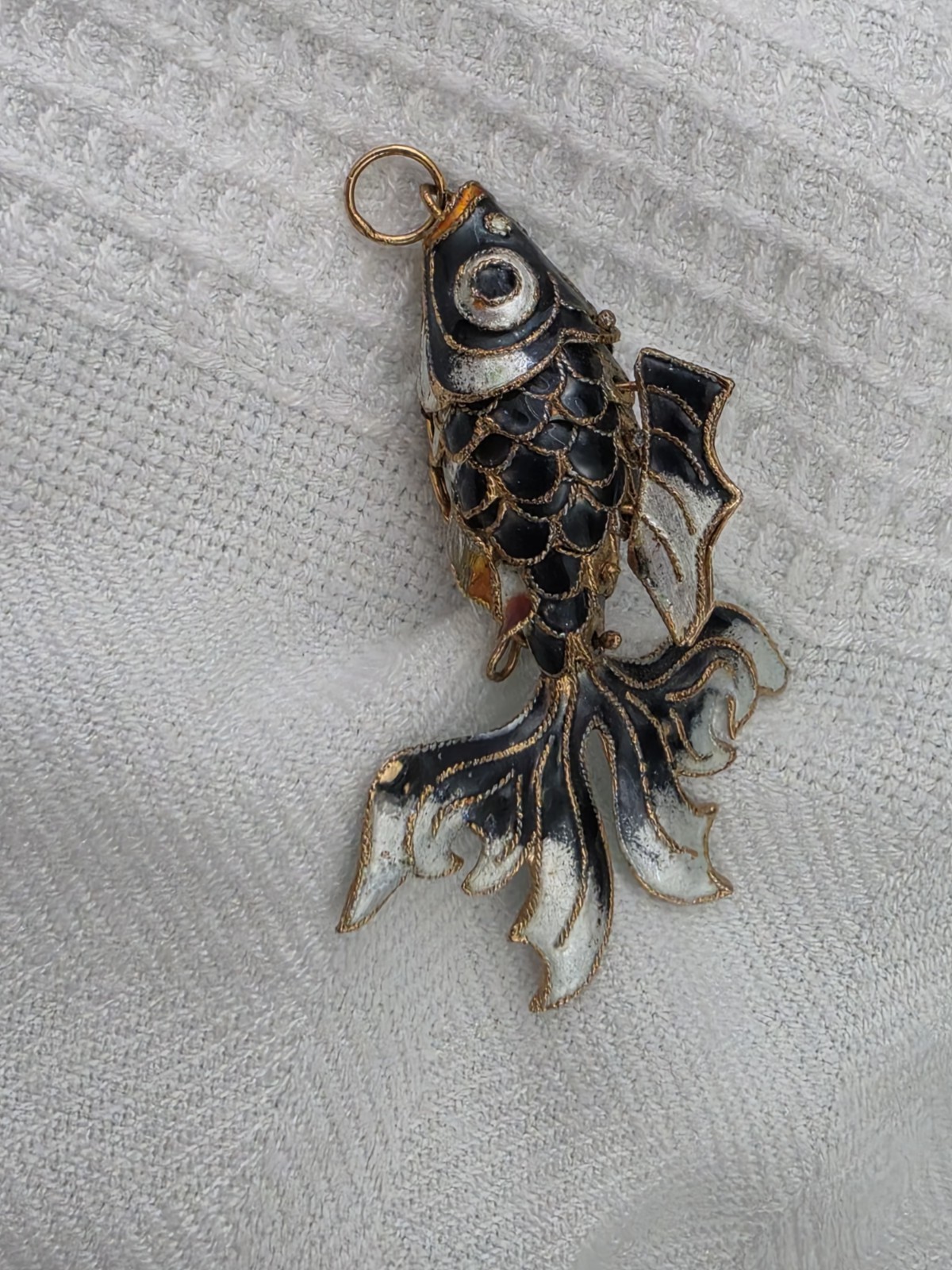 Vintage Articulated Blue Goldfish Beta Koi Fish Cloisonné Pendant- Good Cond.