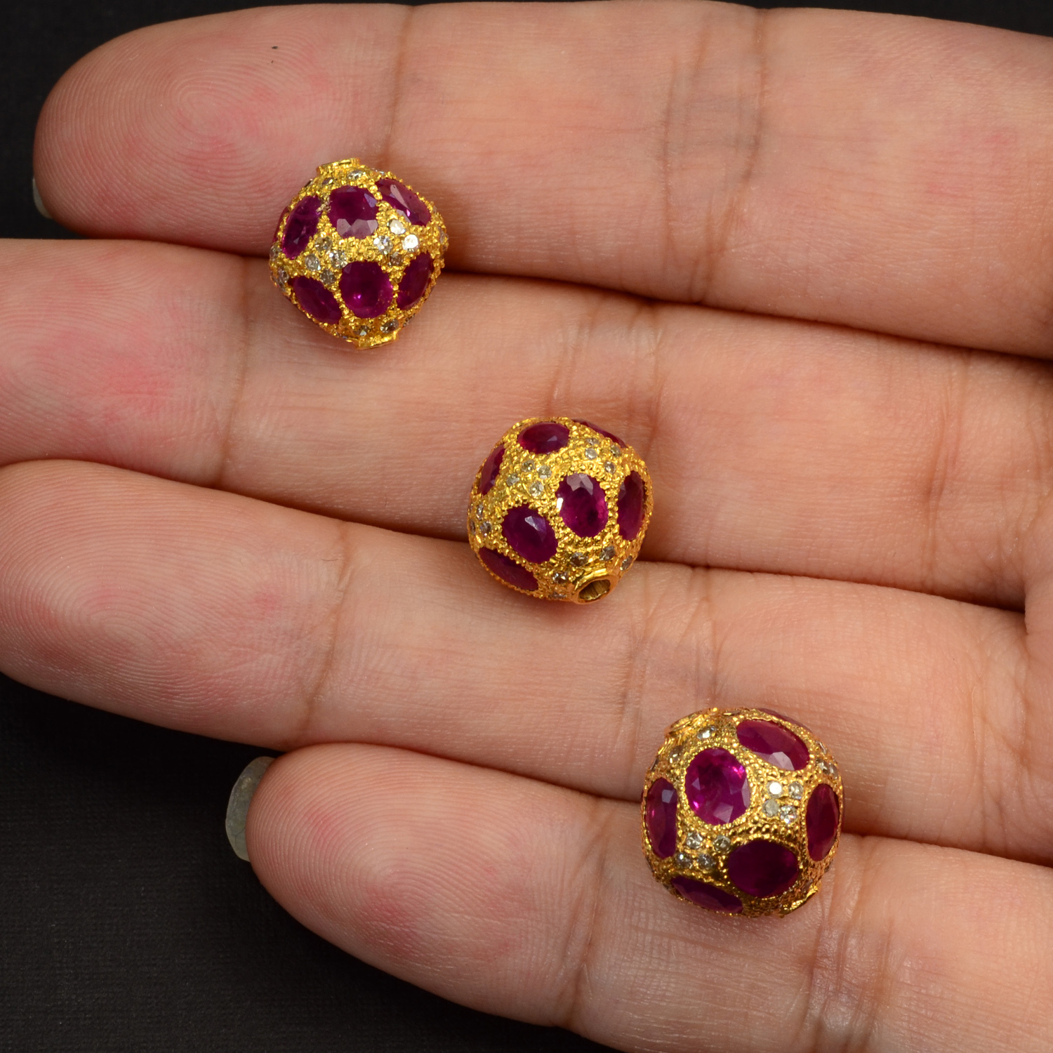 12.3MM 18k Solid Yellow Gold Natural Ruby Champagne Diamond Spacer Pendant Bead