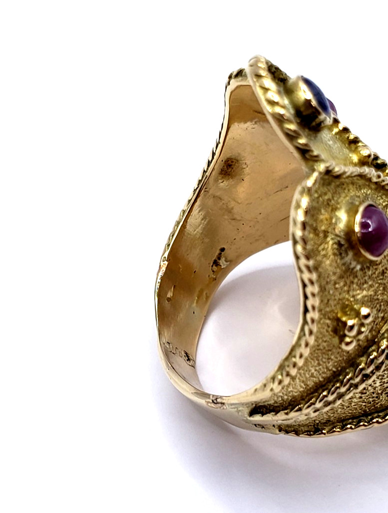 18K Yellow Gold Etruscan Byzantine Ruby & Sapphire Ring