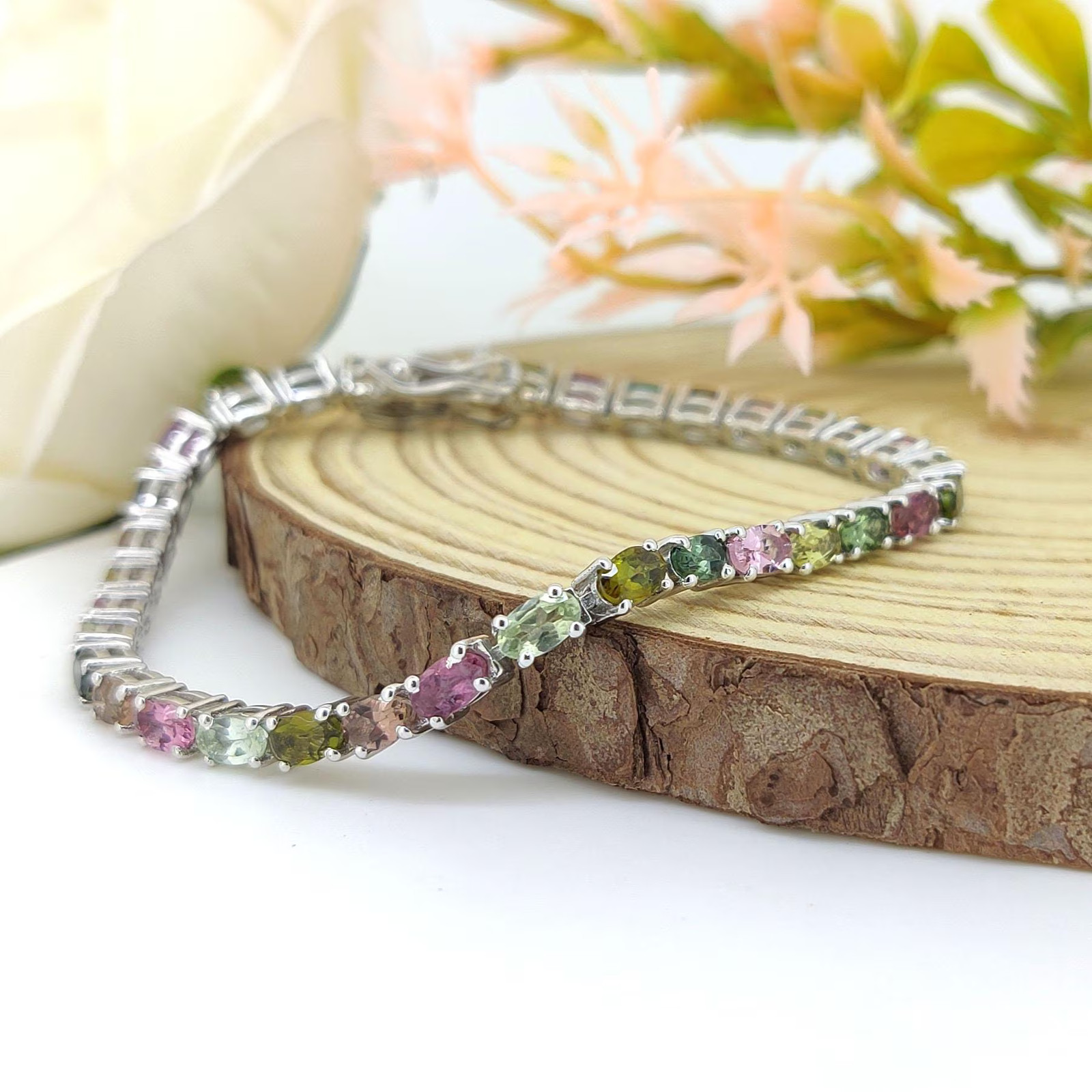 Natural Multi Tourmaline Tennis Bracelet Sterling Silver Jewelry gift for wife