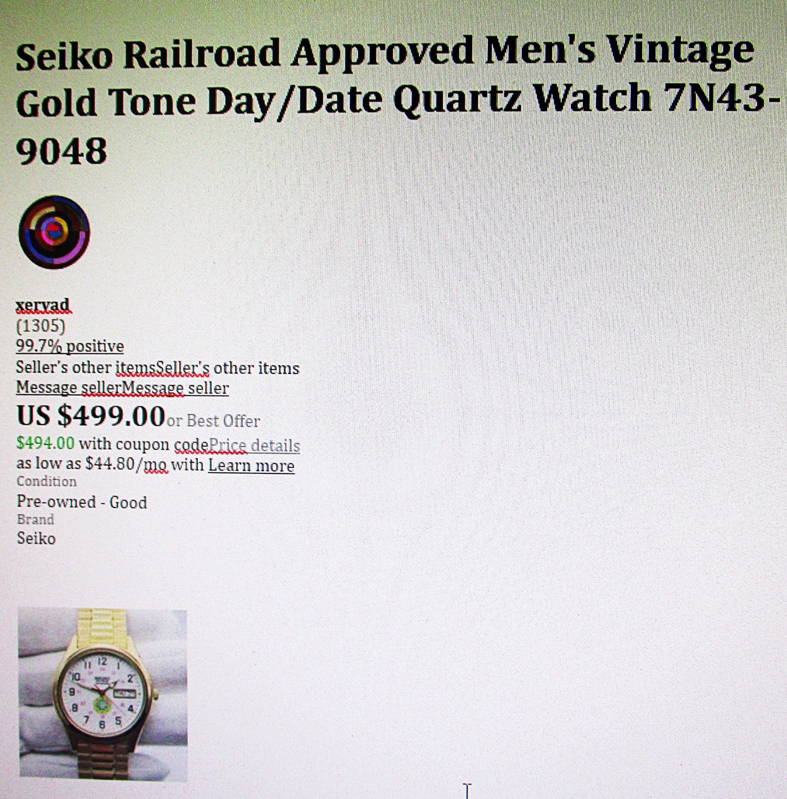 Seiko Railroad Wristwatch: Railroad Approved, 6 Emblems, Military Time & Date