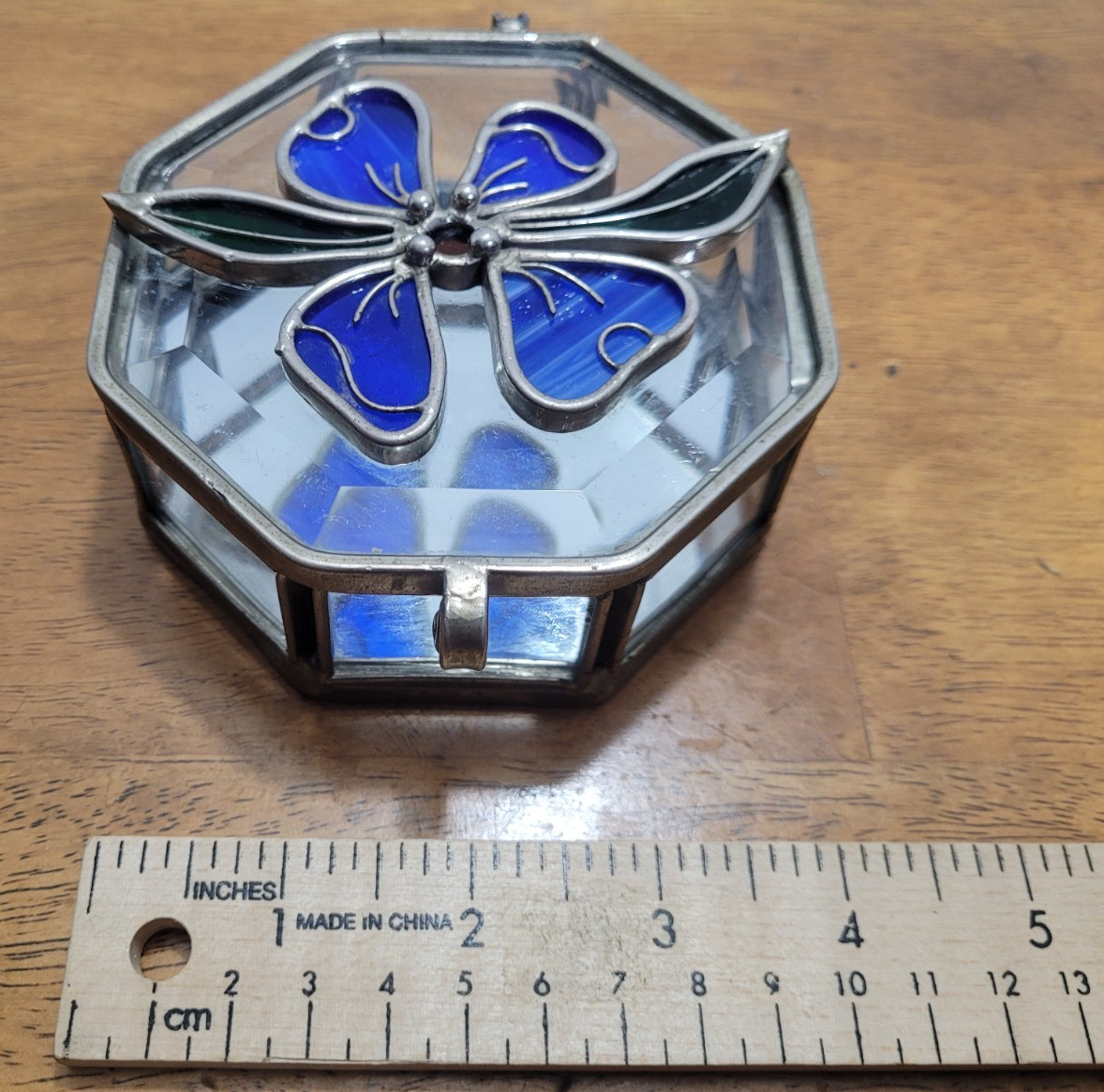 Octagon Stained Glass Trinket Jewelry Box Mirrored Bottom Hinged Top Flower