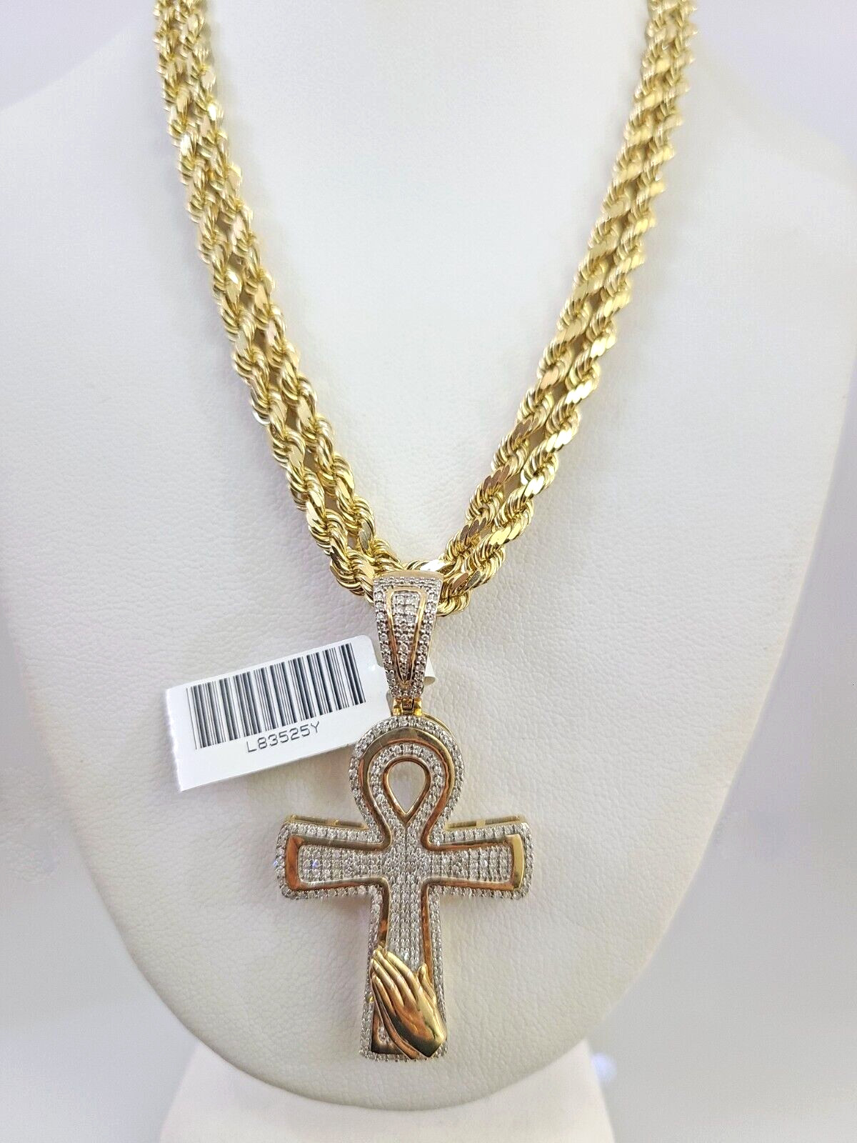 10k Solid Rope Chain Ankh Cross Charm Diamond Set 4mm 20″-28″ Necklace Gold