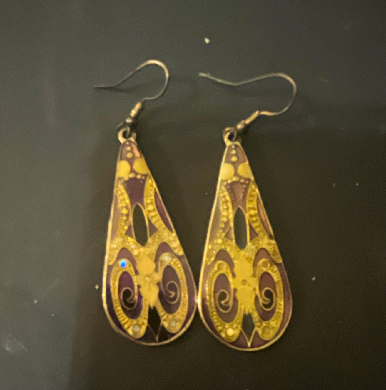Art Deco Gold/Purple/Black/Cream Teardrop Filigree Dangle Hook Earrings