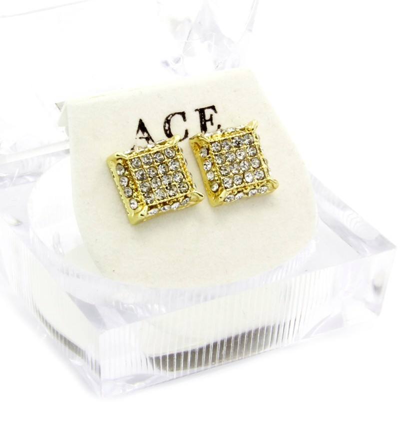 Mens Gold Plated Clear Cubic-Zirconia Cube Hip Hop Micro Pave Stud Earrings