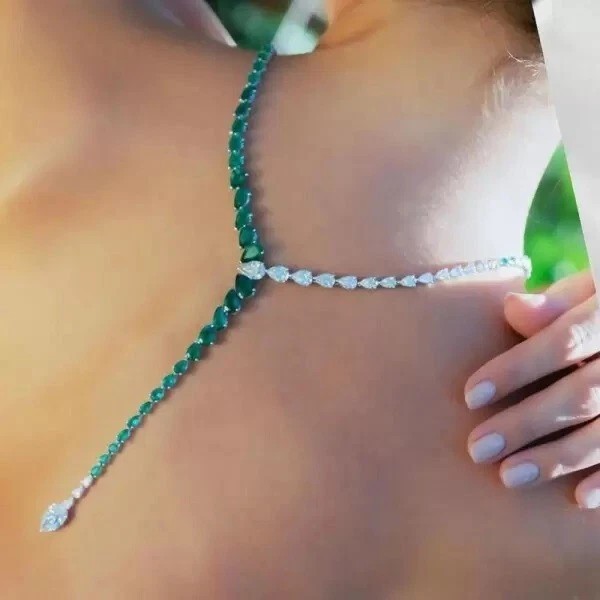 Lab-created 36Ctw Pear Green & Diamond 14k White Gold Plated tennice Necklace