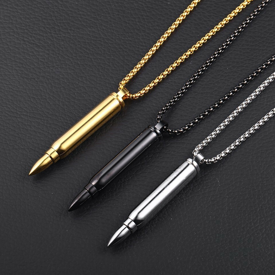 Gold Silver or Black Stainless Steel Rifle Cremation Pendant Necklace
