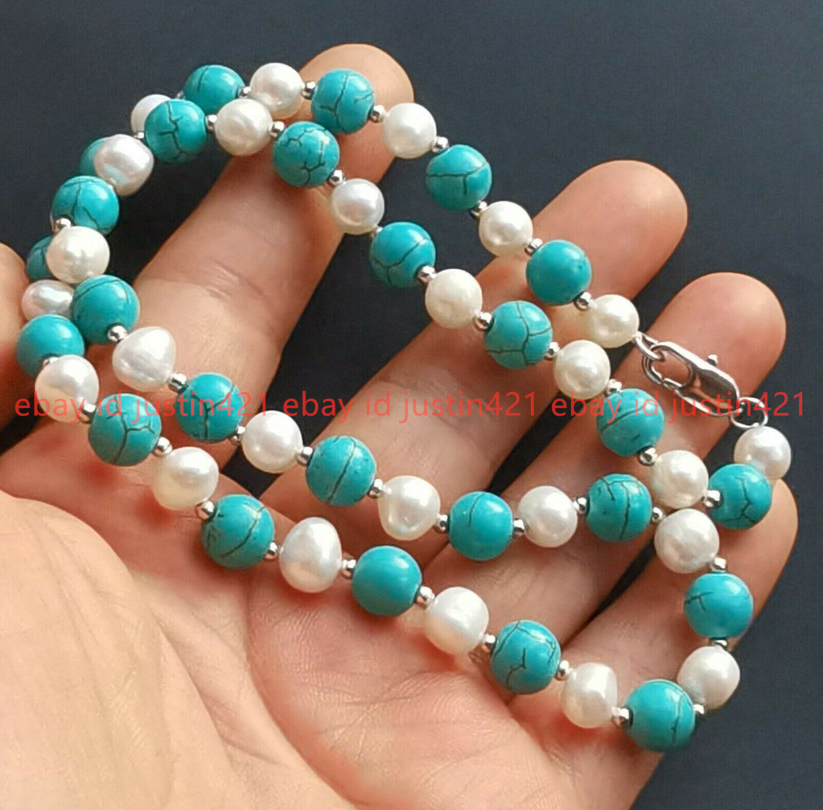 Long 36 inch 7-8mm White Pearl 8mm Blue Turquoise Round Beads Necklace