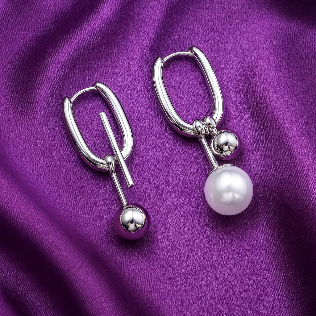 Geometric Hoop Earrings 50’s Style Silver Mismatch Uno Pearl Ball De Steampunk