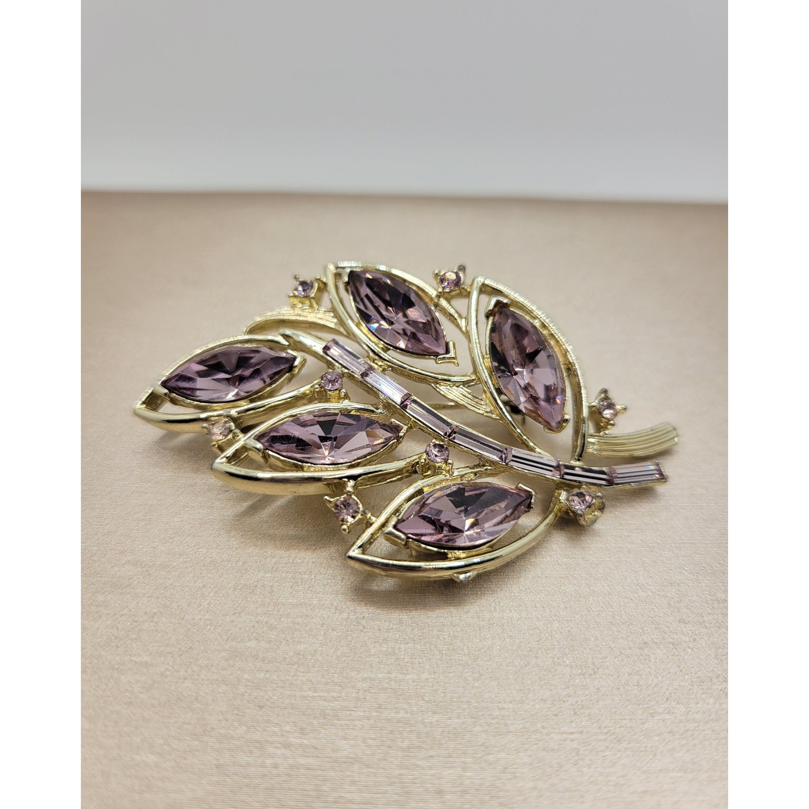 Vintage Kramer Rhinestone Leaf Brooch Amethyst Purple Baguette Marquise Signed