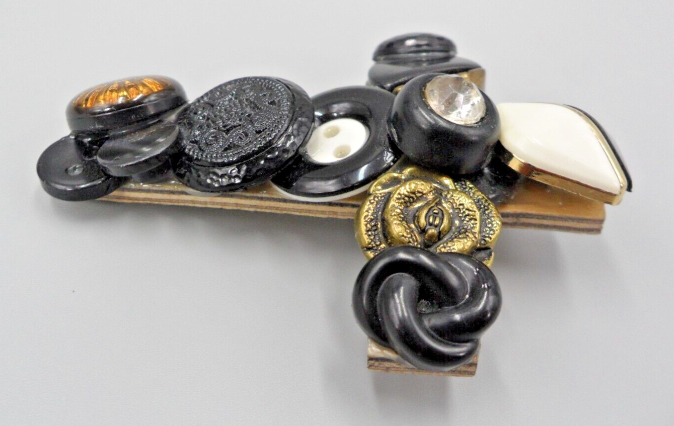 Assemblage Cross Brooch Vintage Button Art Rose Knot Dahlia Flower Sun 2.5″