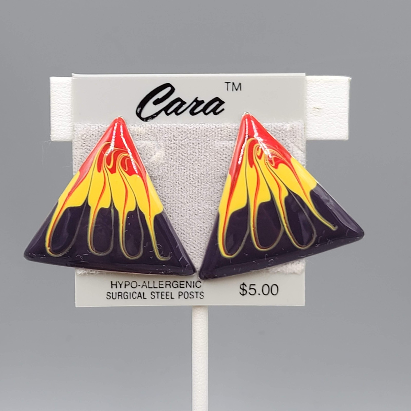 Vintage Black Yellow Red Triangle Enamel Cara Pierced Earrings NOS Prop 1.25″