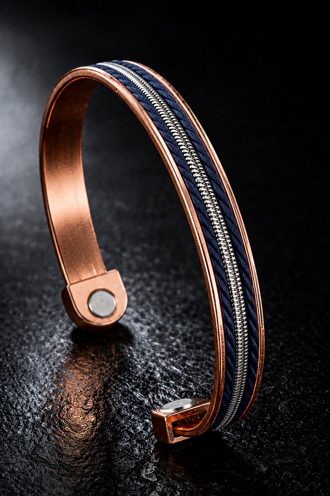 Unisex Navy Blue Copper Bracelet �st� Leather �eritli Steel Chain Magnetic