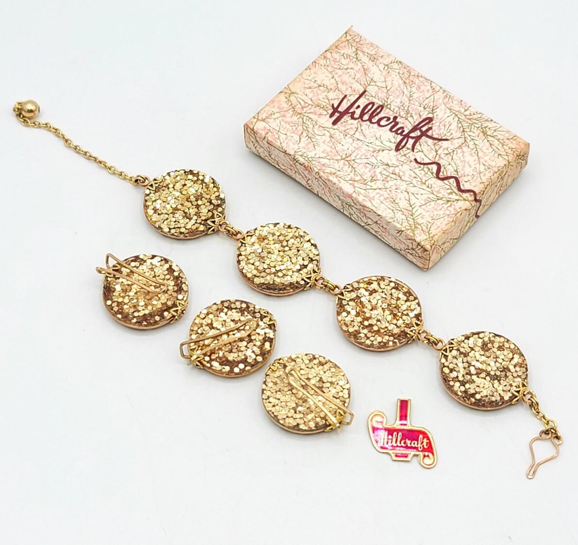 Vtg Rare Set HILLCRAFT Bracelet & Earrings Glitter Lucite Gold Filled Jewelry