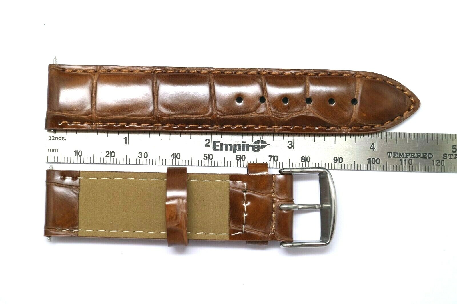 20mm 22mm Brown Croco Embossed Leather Padded Men Watch Band Silver Tone Buckle