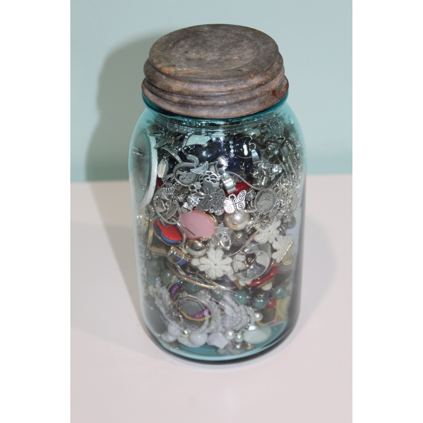 Vintage Mystery Jewelry Jar 3lb+ Blue Ball Mason Jar Costume Jewelry Lot Mixed