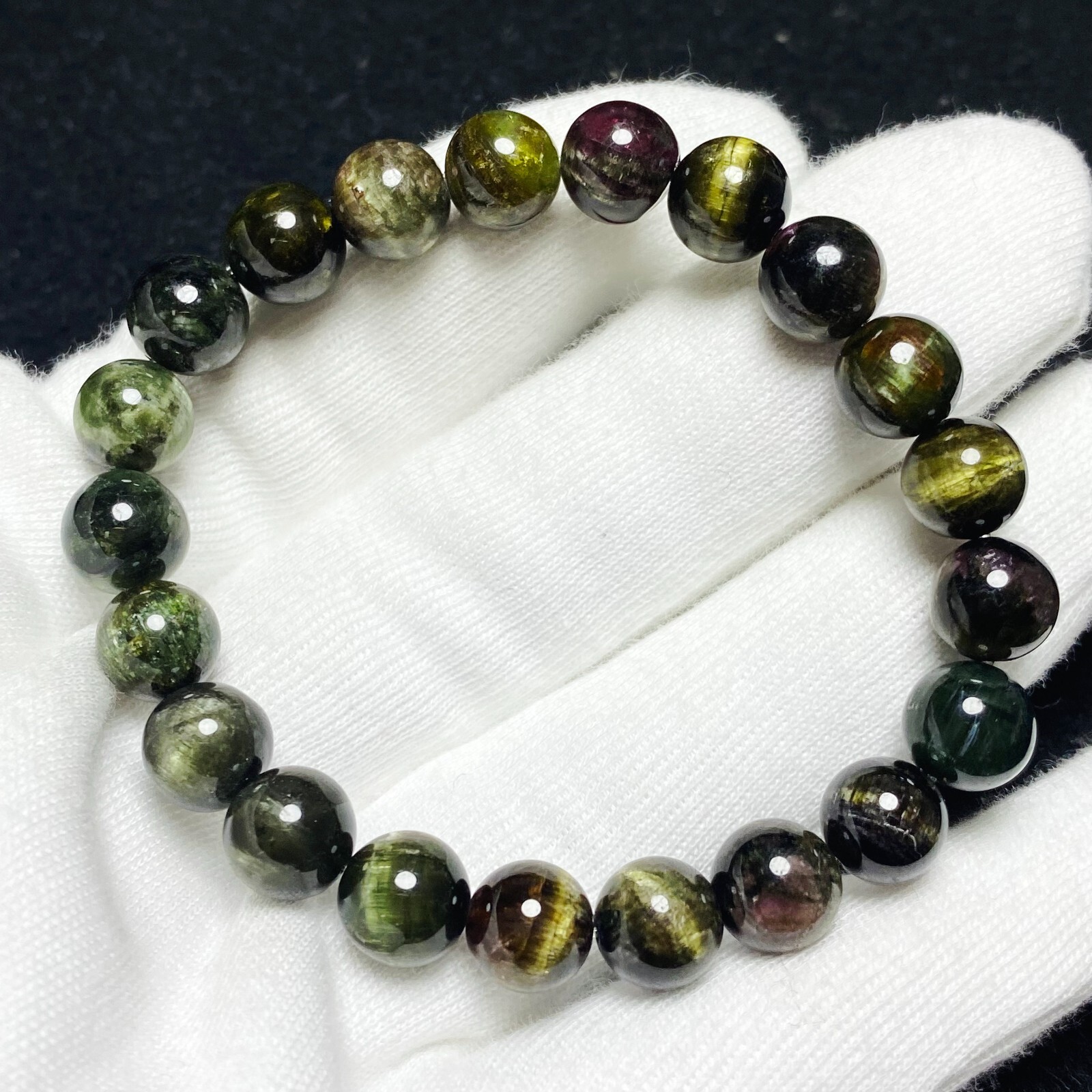 9.2mm Natural Color Tourmaline Cat’s Eye Quartz Crystal Beads Bracelet C1487