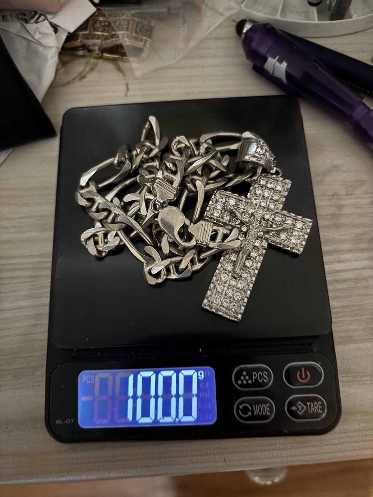 22inch 925 Silver Figarucci Chain And Iced Out Cross Pendant