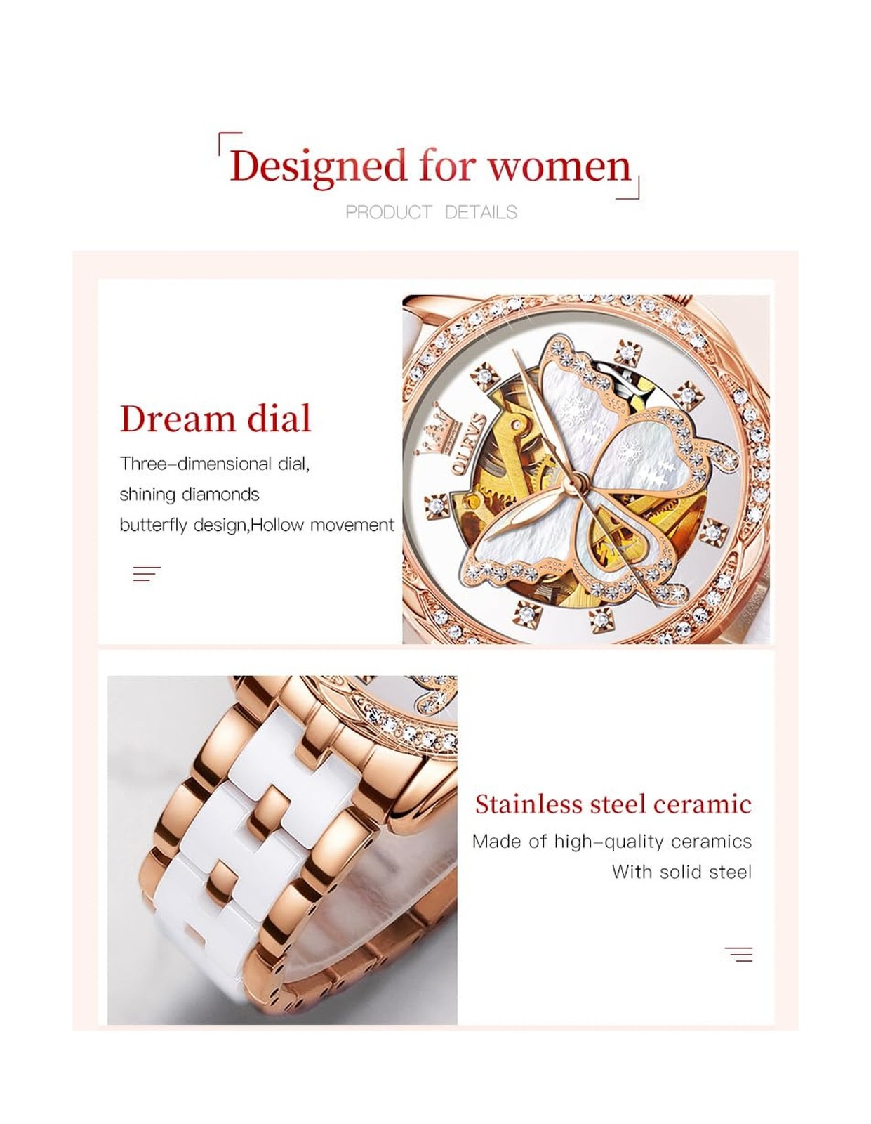 OLEVS Womens Watches Automatic Self Winding Elegant Ceramic Rose Gold Dress W…