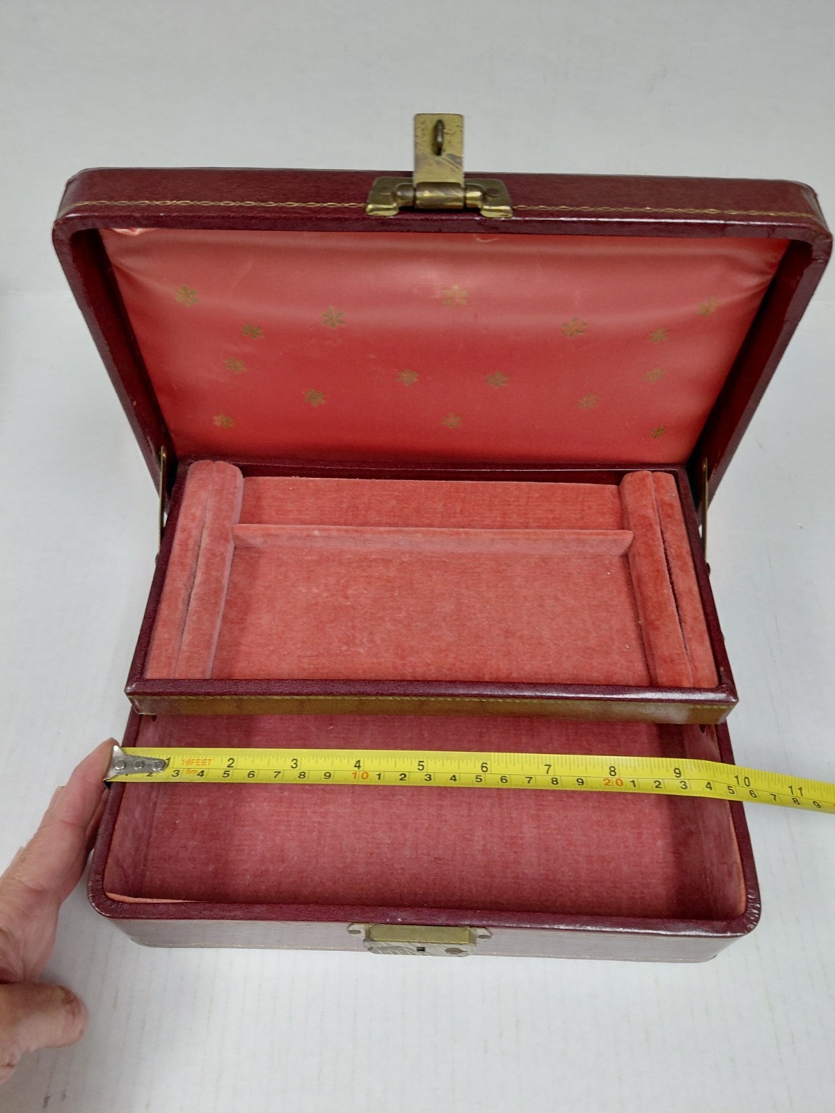 Vintage Leather Jewelry Box Brass Clasp Embossed Gold