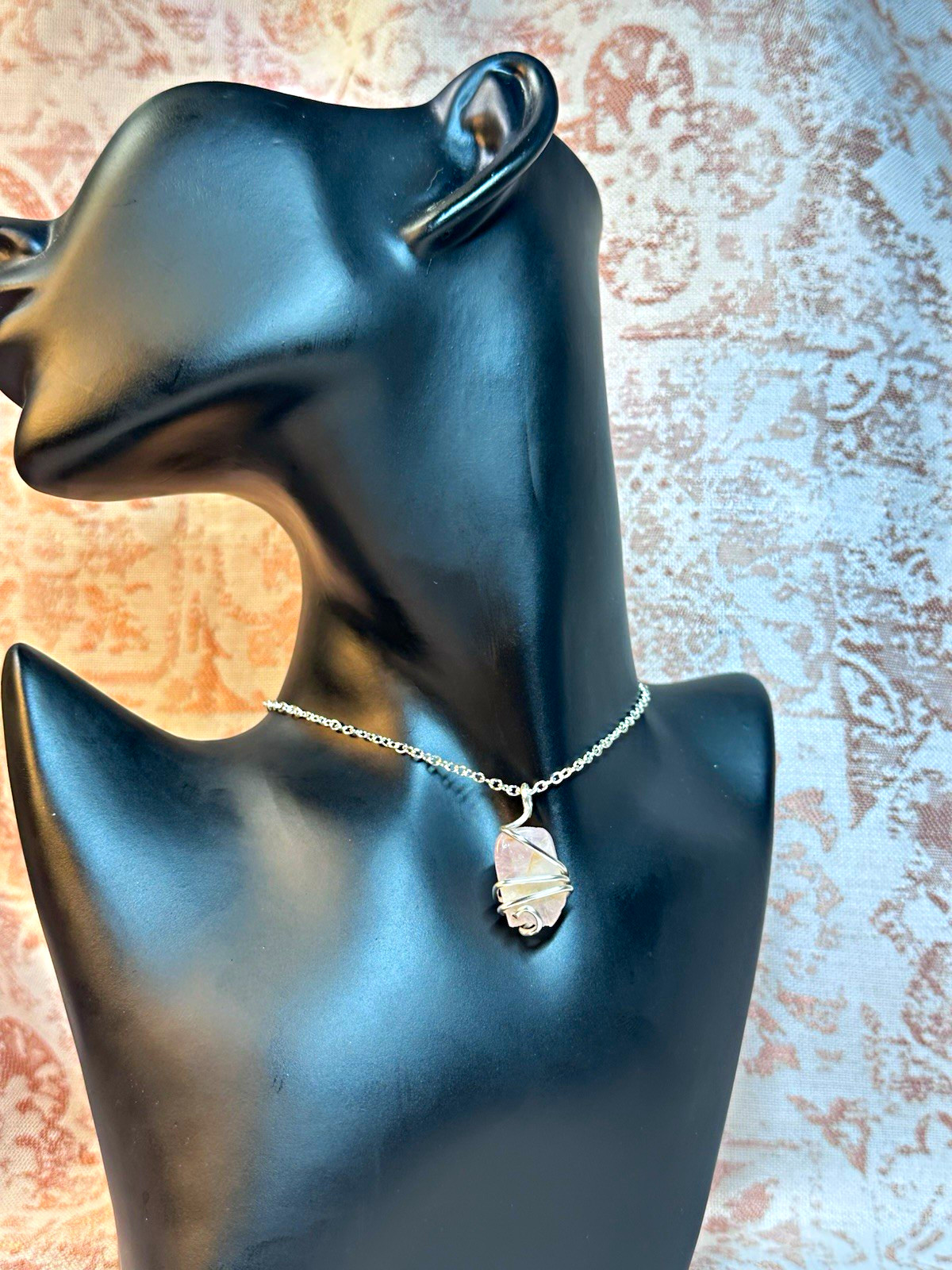 handmade Wire Wrapped Irregular Pink Stone Charm Pendant Silver Cable Chain