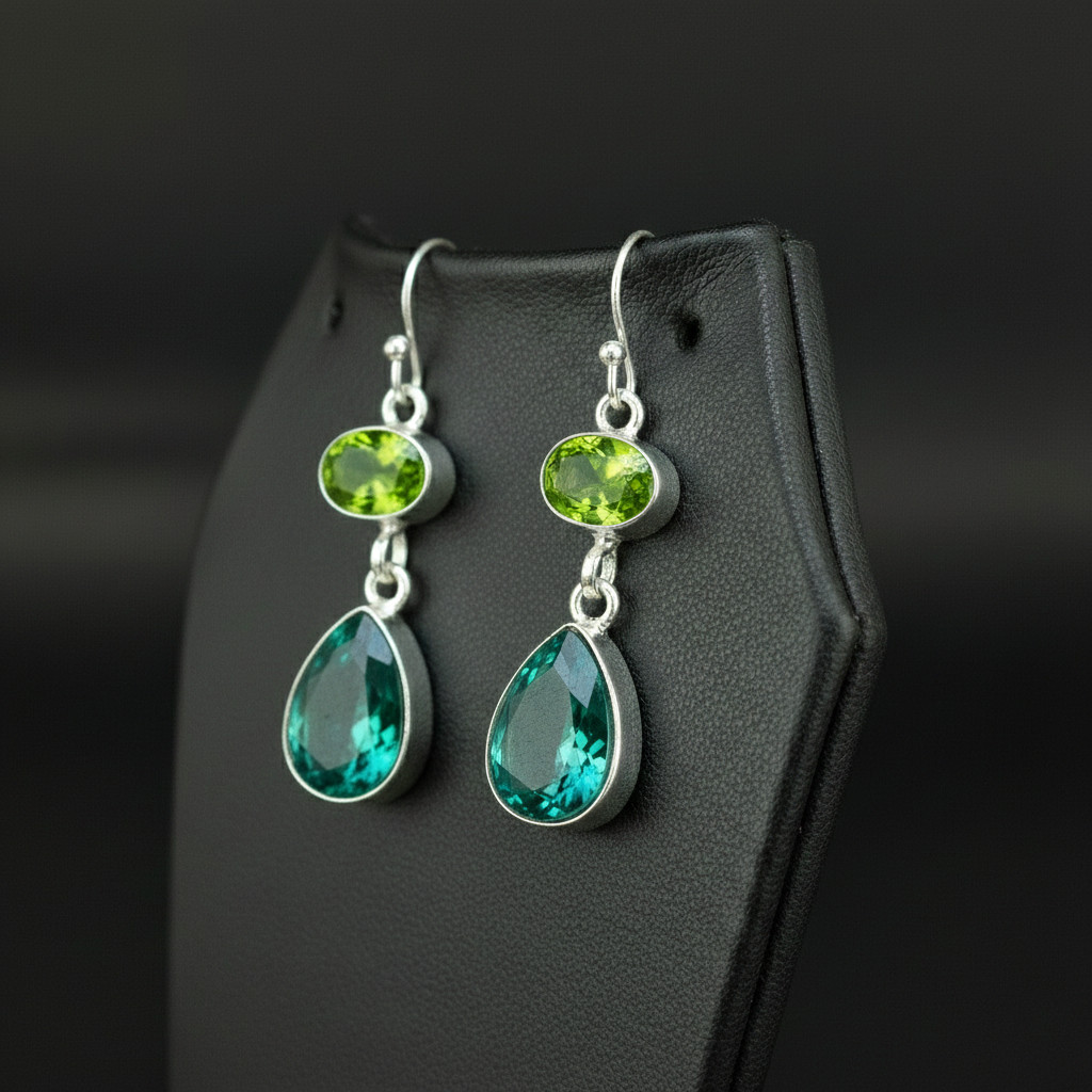 Paraiba Tourmaline, peridot stone 925 sterling silver Dangle Drop Earrings 1.90″